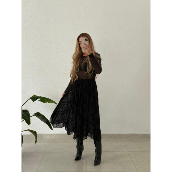 Flok Baskılı Kadife Dokulu Astarlı Kloş Midi Etek