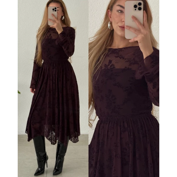 Flok Baskılı Kadife Dokulu Astarlı Kloş Midi Etek