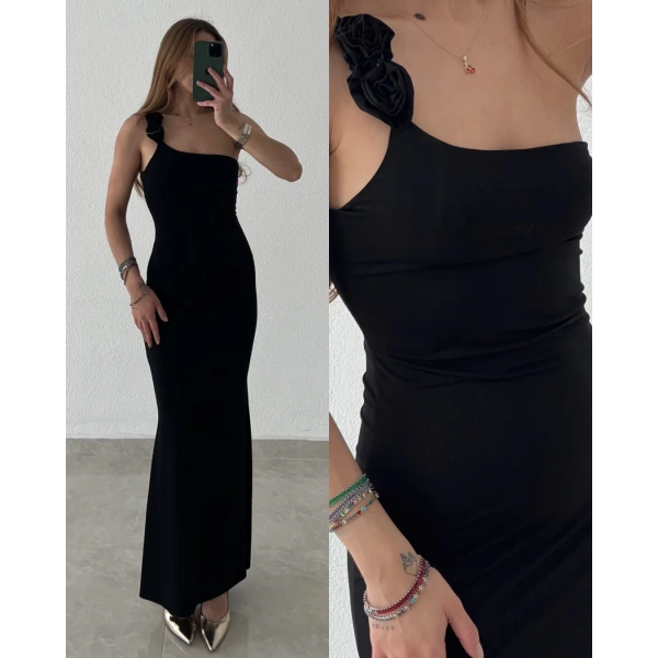 Gül Detaylı Tek Askılı Maxi Elbise