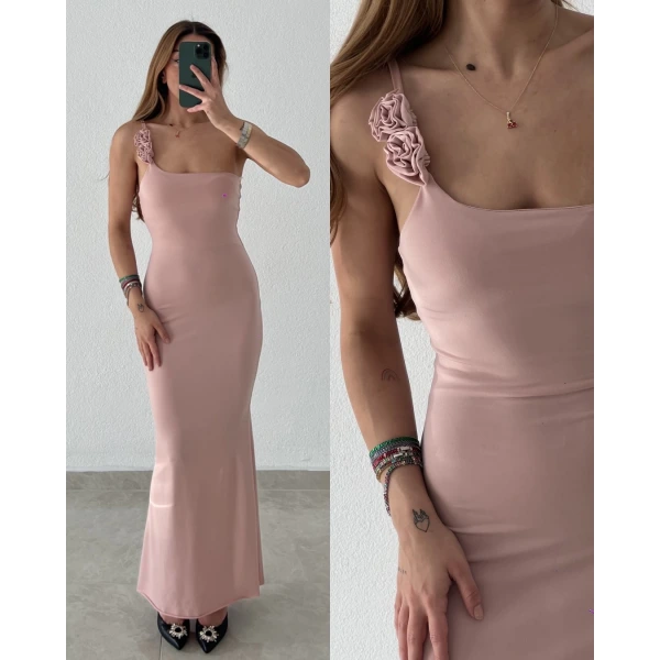 Gül Detaylı Tek Askılı Maxi Elbise
