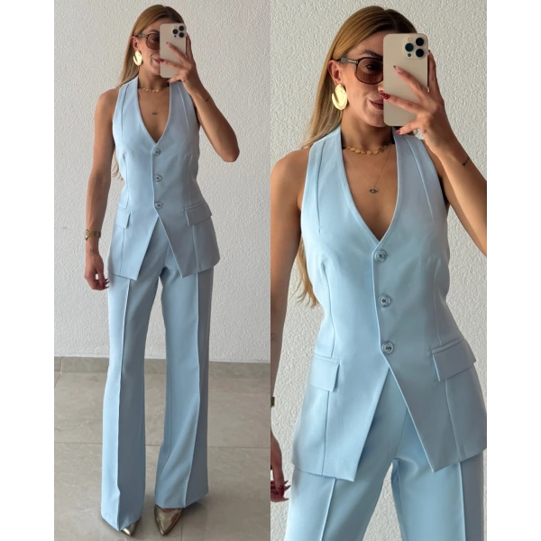 Halter Yaka Yelekli Palazzo Takım