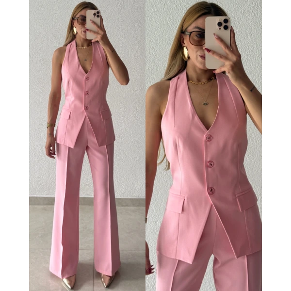 Halter Yaka Yelekli Palazzo Takım