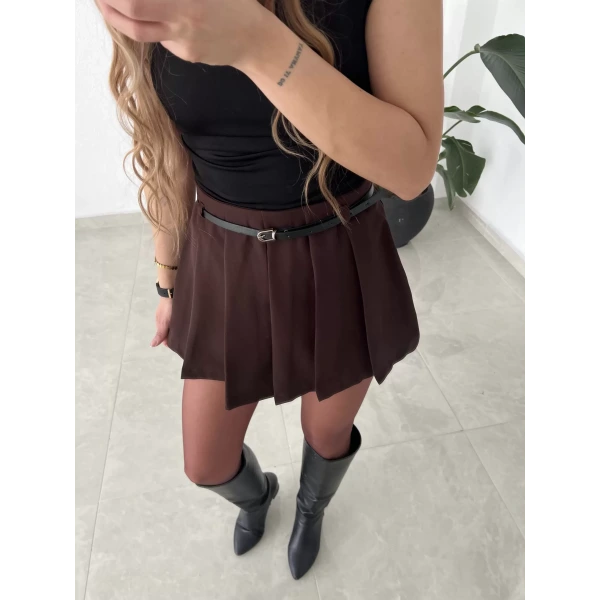 İnce Kemerli Piliseli Şort Etek