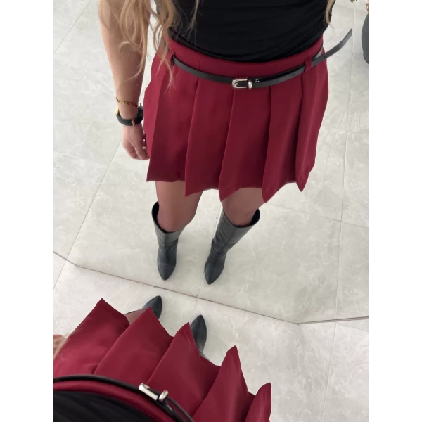 İnce Kemerli Piliseli Şort Etek