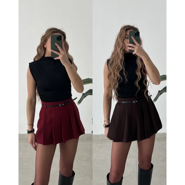 İnce Kemerli Piliseli Şort Etek