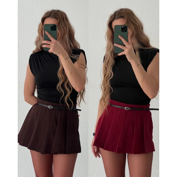 İnce Kemerli Piliseli Şort Etek