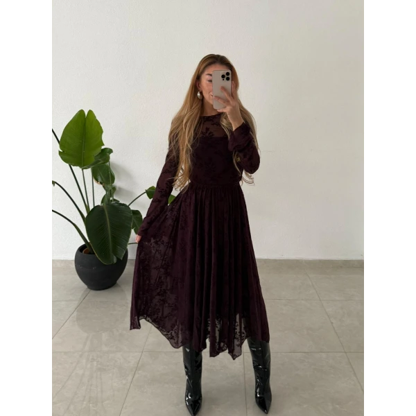 Kadife Flok Baskılı Tül Kadın Bluz