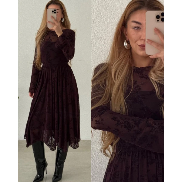 Kadife Flok Baskılı Tül Kadın Bluz