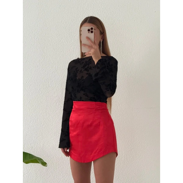 Kadife Flok Baskılı Tül Kadın Bluz