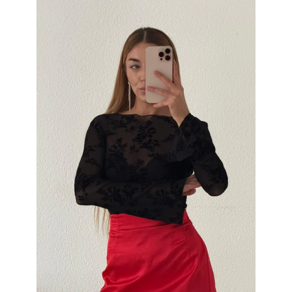 Kadife Flok Baskılı Tül Kadın Bluz