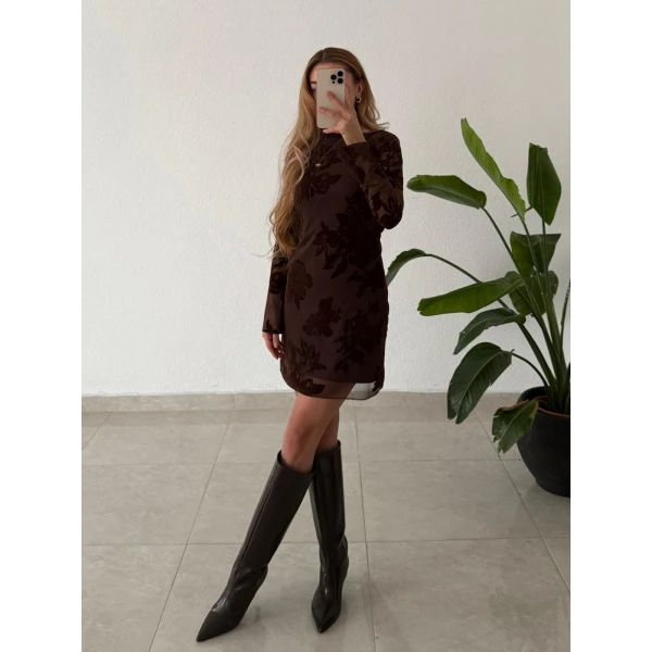 Kadife Flok Baskılı Tül Mini Elbise