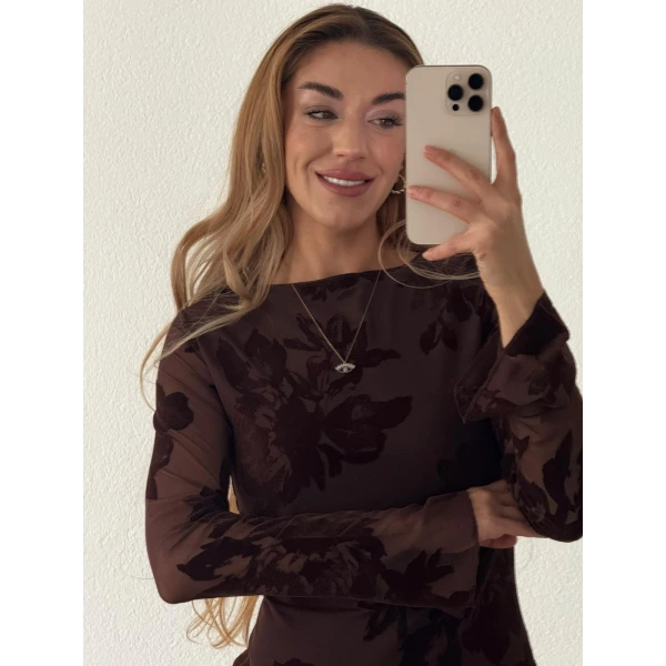 Kadife Flok Baskılı Tül Mini Elbise