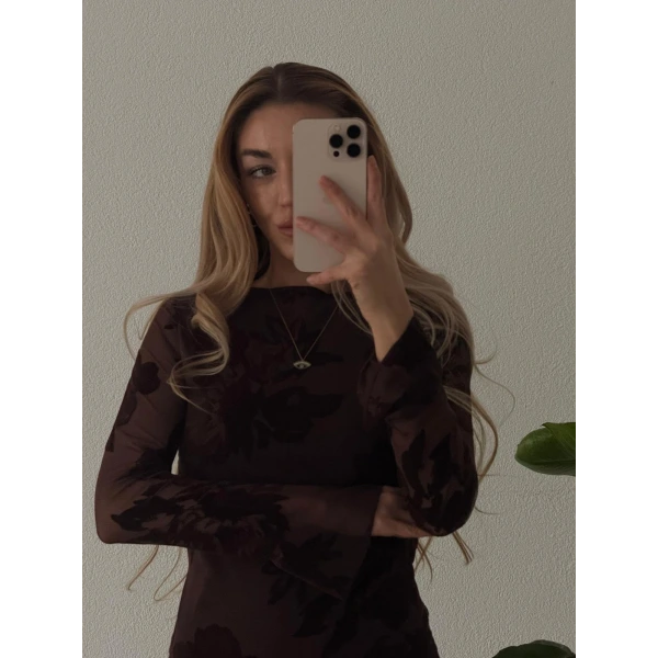 Kadife Flok Baskılı Tül Mini Elbise