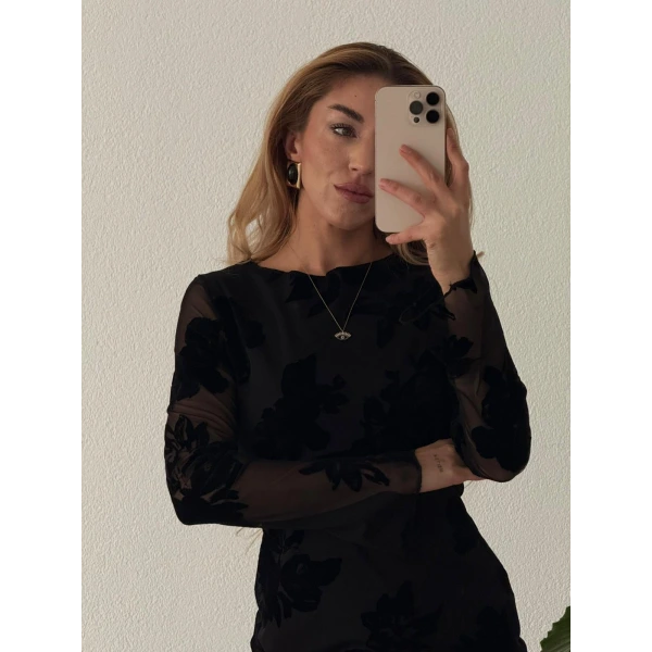 Kadife Flok Baskılı Tül Mini Elbise