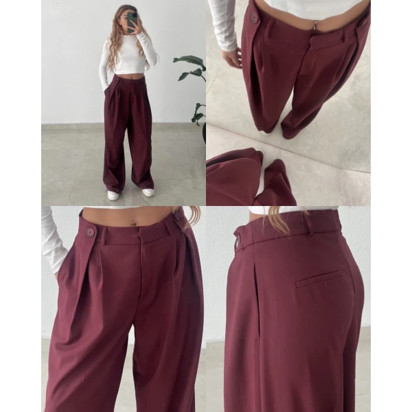 Kalın Pileli Düğme Detaylı Palazzo Pantolon