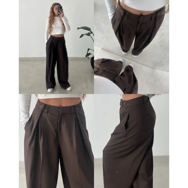 Kalın Pileli Düğme Detaylı Palazzo Pantolon