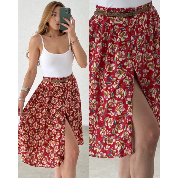 Kemerli Düğme Detaylı Çiçek Desenli Etek