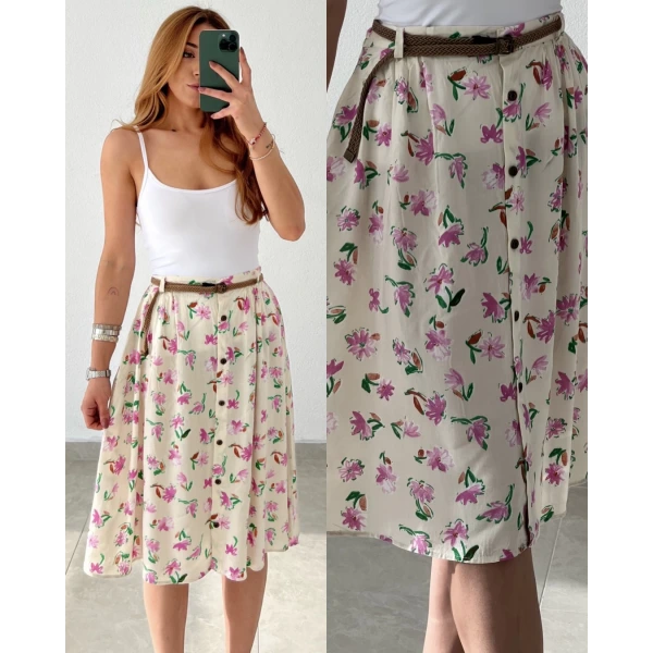 Kemerli Düğme Detaylı Çiçek Desenli Etek