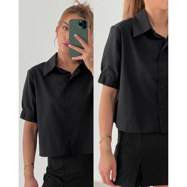 Kısa Kollu Lastikli Poplin Gömlek
