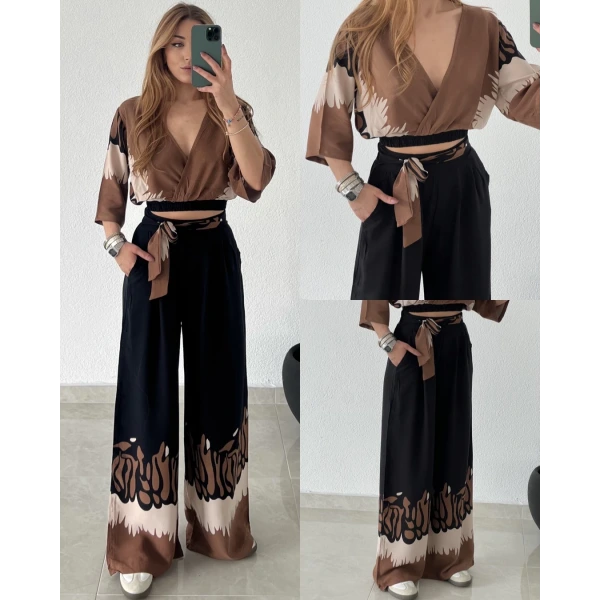 Kruvaze Yaka Viskon Desenli Takım