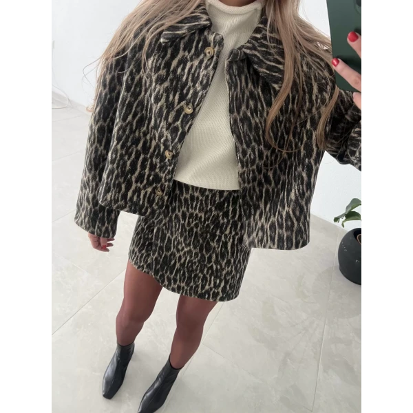 Leopar Desenli Kaşe Zarf Etek