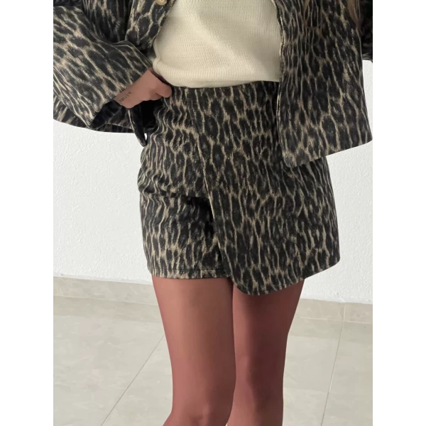 Leopar Desenli Kaşe Zarf Etek