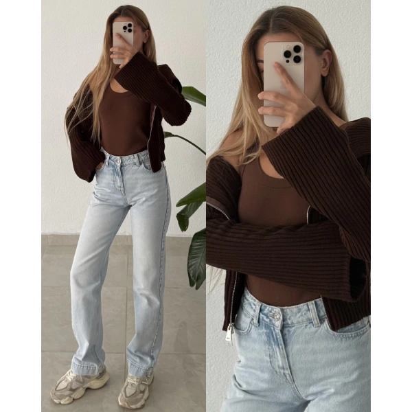 Madonna Yaka Fermuarlı Triko Kazak/Hırka