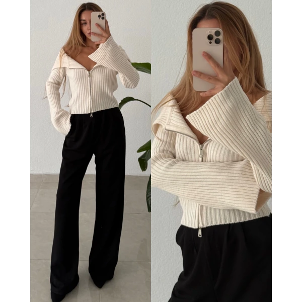 Madonna Yaka Fermuarlı Triko Kazak/Hırka