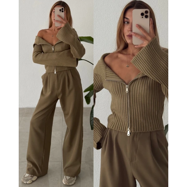 Madonna Yaka Fermuarlı Triko Kazak/Hırka