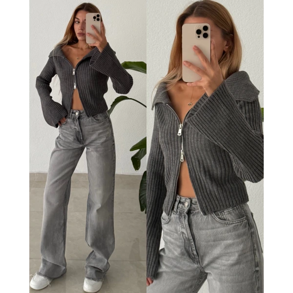 Madonna Yaka Fermuarlı Triko Kazak/Hırka