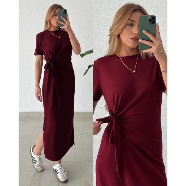 Modal Kumaş Bağlamalı Yırtmaçlı Midi Elbise