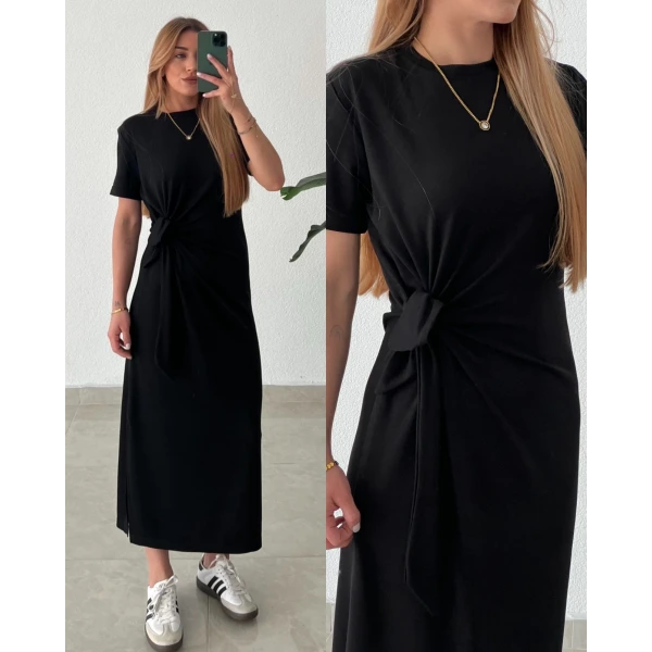 Modal Kumaş Bağlamalı Yırtmaçlı Midi Elbise