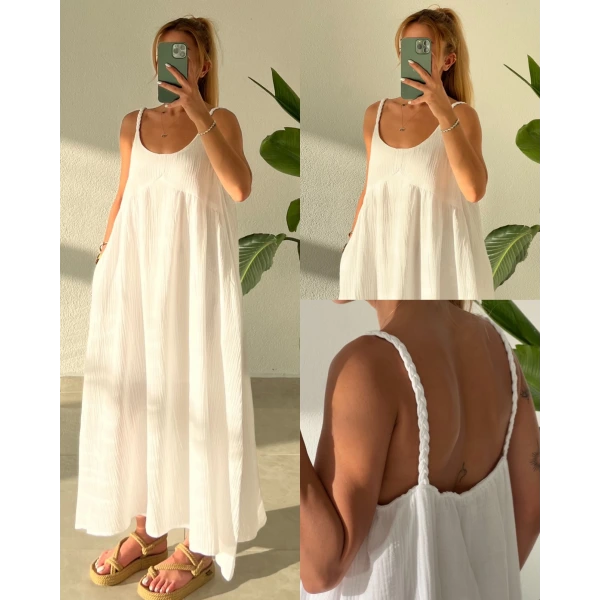 Örgü Askılı Müslin Uzun Elbise
