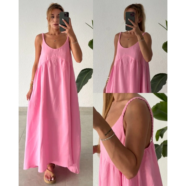 Örgü Askılı Müslin Uzun Elbise