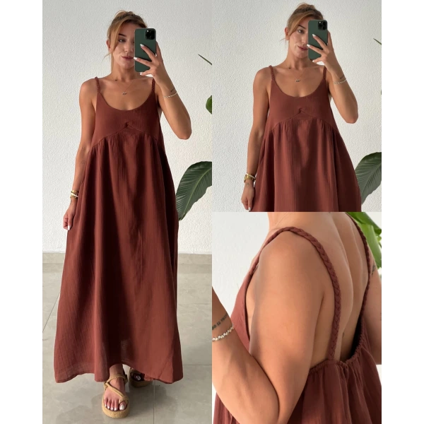 Örgü Askılı Müslin Uzun Elbise