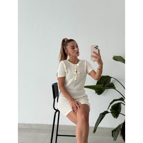 Orj. Marka Fiyonk Detaylı Ajurlu Triko Elbise