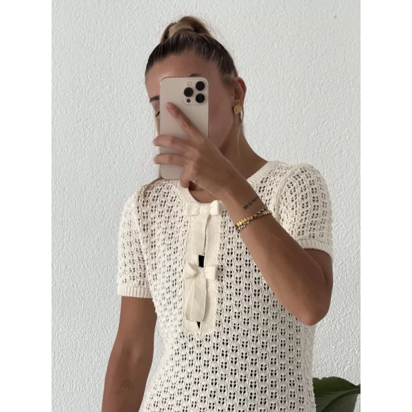 Orj. Marka Fiyonk Detaylı Ajurlu Triko Elbise