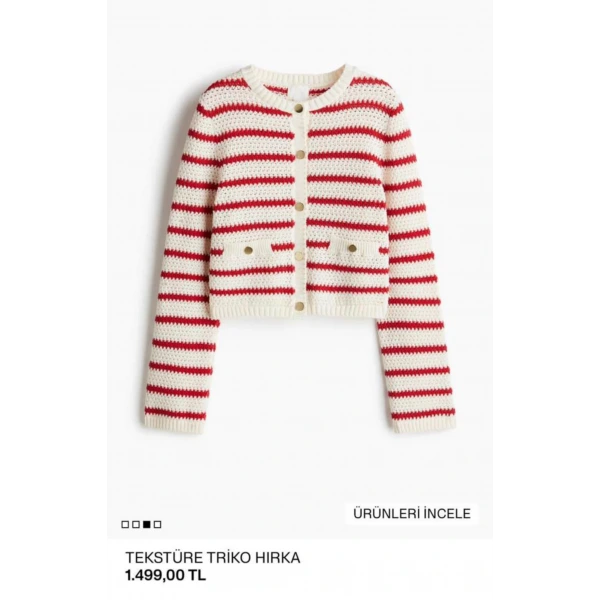 Orj. Marka Gold Düğmeli Kırmızı Çizgili Hırka