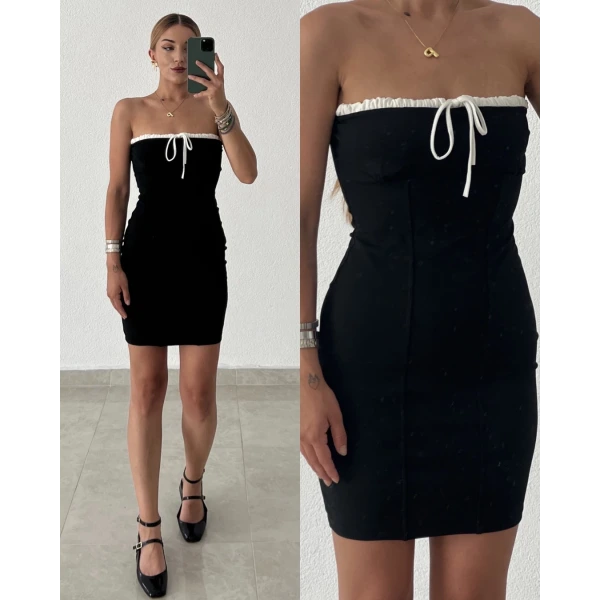 Büzgülü Kontrast Straplez Elbise