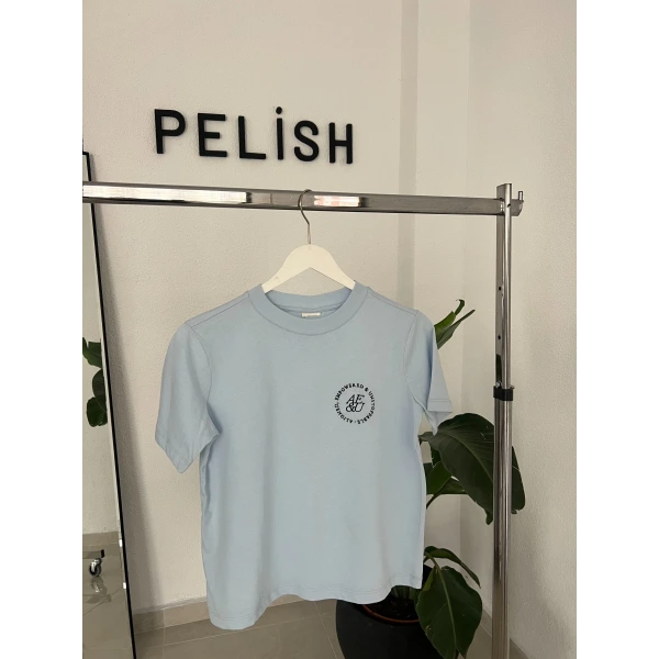 Orj Marka Nakışlı Mavi Tişört