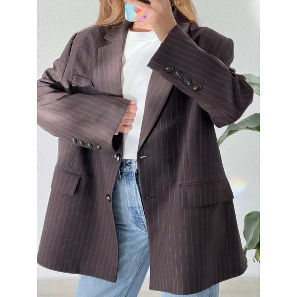 Oversize Mavi Çizgili Premium Kalite Ceket