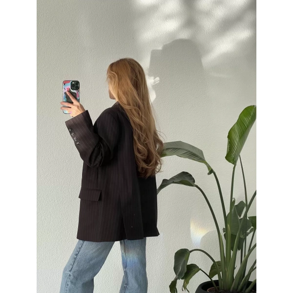 Oversize Mavi Çizgili Premium Kalite Ceket