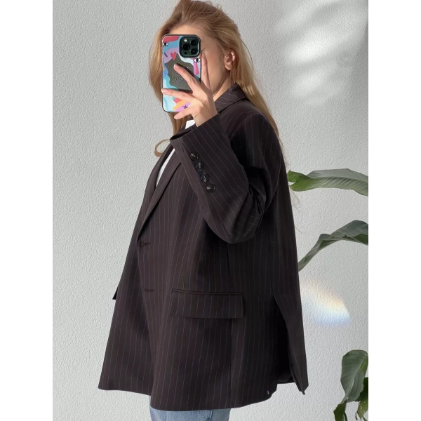 Oversize Mavi Çizgili Premium Kalite Ceket