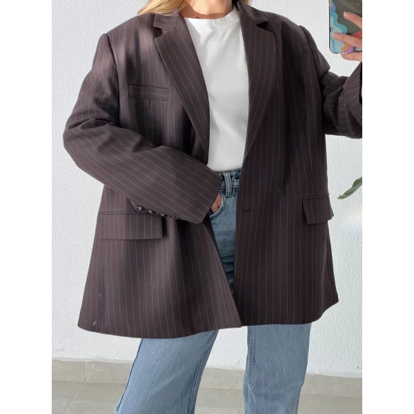 Oversize Mavi Çizgili Premium Kalite Ceket