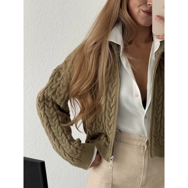 Saç Örgü Çift Fermuarlı Triko Hırka