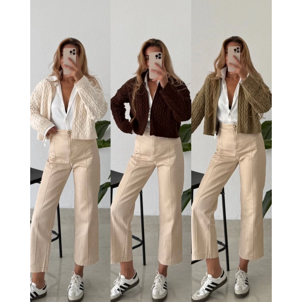 Saç Örgü Çift Fermuarlı Triko Hırka