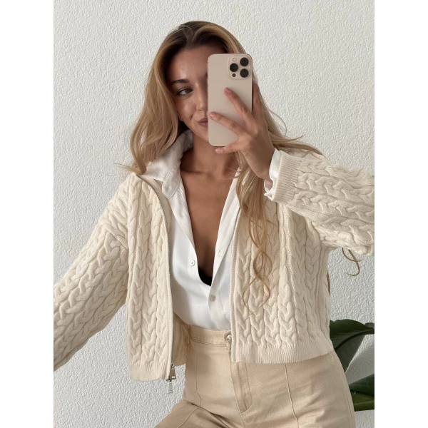 Saç Örgü Çift Fermuarlı Triko Hırka