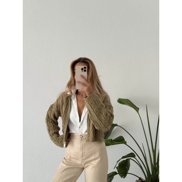 Saç Örgü Çift Fermuarlı Triko Hırka