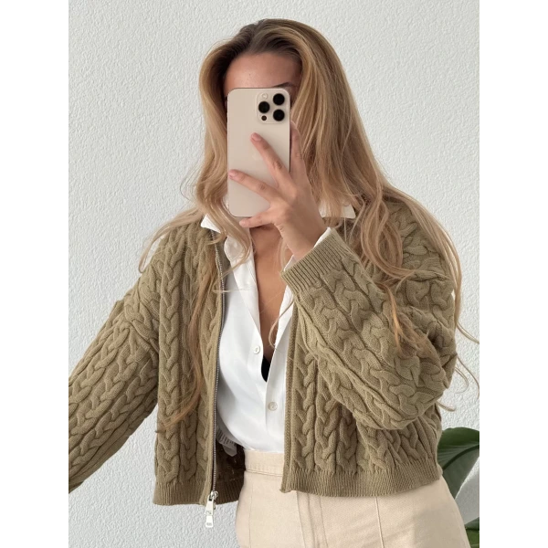 Saç Örgü Çift Fermuarlı Triko Hırka