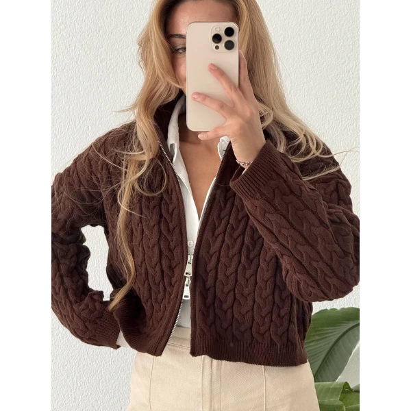 Saç Örgü Çift Fermuarlı Triko Hırka